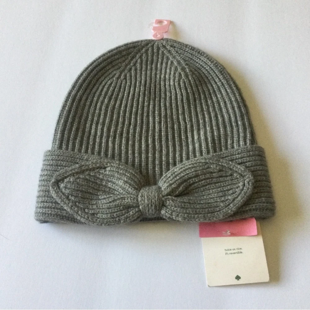 KATE SPADE NEW YORK POINTY BOW WOOL BLEND BEANIE GREY OS NWT